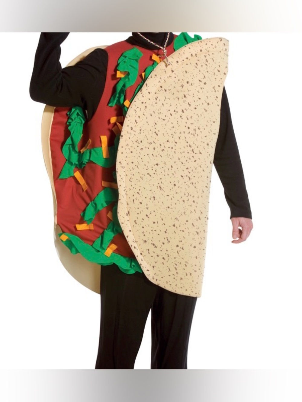 adult unisex taco food costume with a tan tortilla shell and red, green.